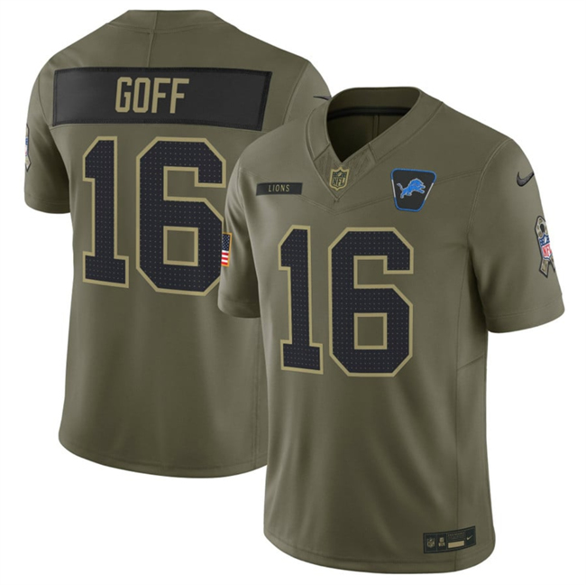 Men's Olive Detroit Lions #16 Jared Goff 2025 F.U.S.E. Salute to Service Limited Stitched Football Jersey